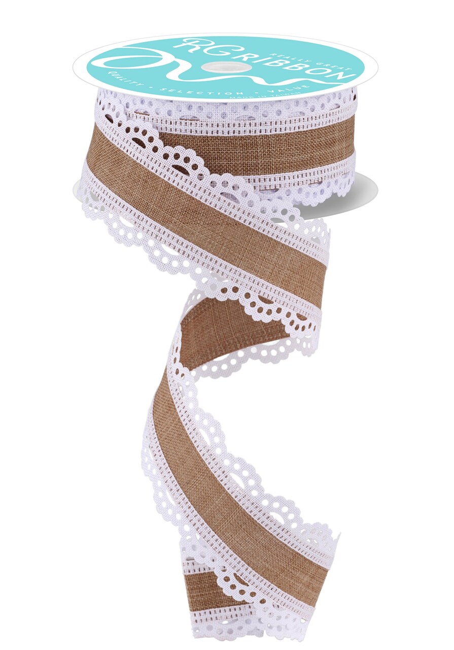 RG Ribbon: 1.5" Beige and White Scalloped Lace Edge Ribbon for Bows, Wreaths, Crafts and Decorations